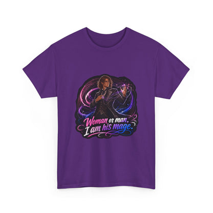 Purple unisex t-shirt with fantasy art of a person with wavy brown hair in a dark vest and tie, one hand raised weaving pink and blue magic threads, and the quote "Woman or man, I am his mage," shown flat.