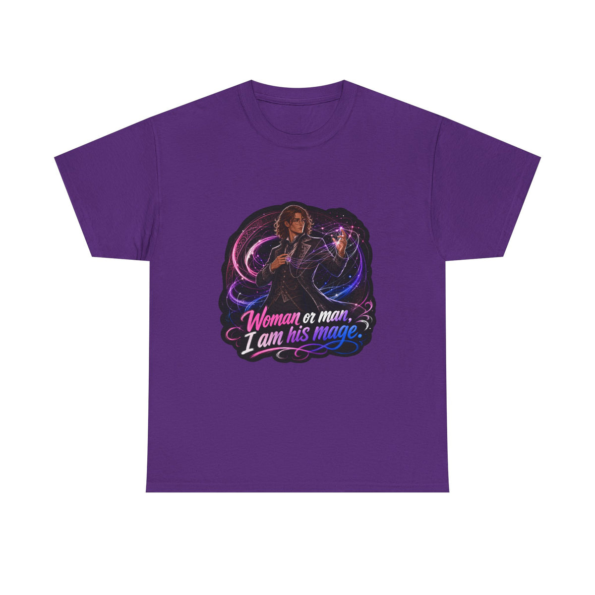 Purple unisex t-shirt with fantasy art of a person with wavy brown hair in a dark vest and tie, one hand raised weaving pink and blue magic threads, and the quote "Woman or man, I am his mage."