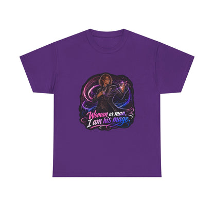Purple unisex t-shirt with fantasy art of a person with wavy brown hair in a dark vest and tie, one hand raised weaving pink and blue magic threads, and the quote "Woman or man, I am his mage."