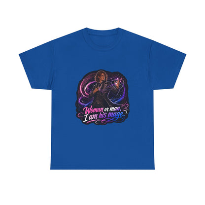 Royal blue unisex t-shirt with fantasy art of a person with wavy brown hair in a dark vest and tie, one hand raised weaving pink and blue magic threads, and the quote "Woman or man, I am his mage."