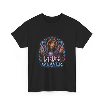 Black unisex t-shirt with fantasy art of a person with wavy brown hair in a high-collared black coat, hands weaving glowing pink and blue magic, and the quote "I am my king's weaver," shown flat.