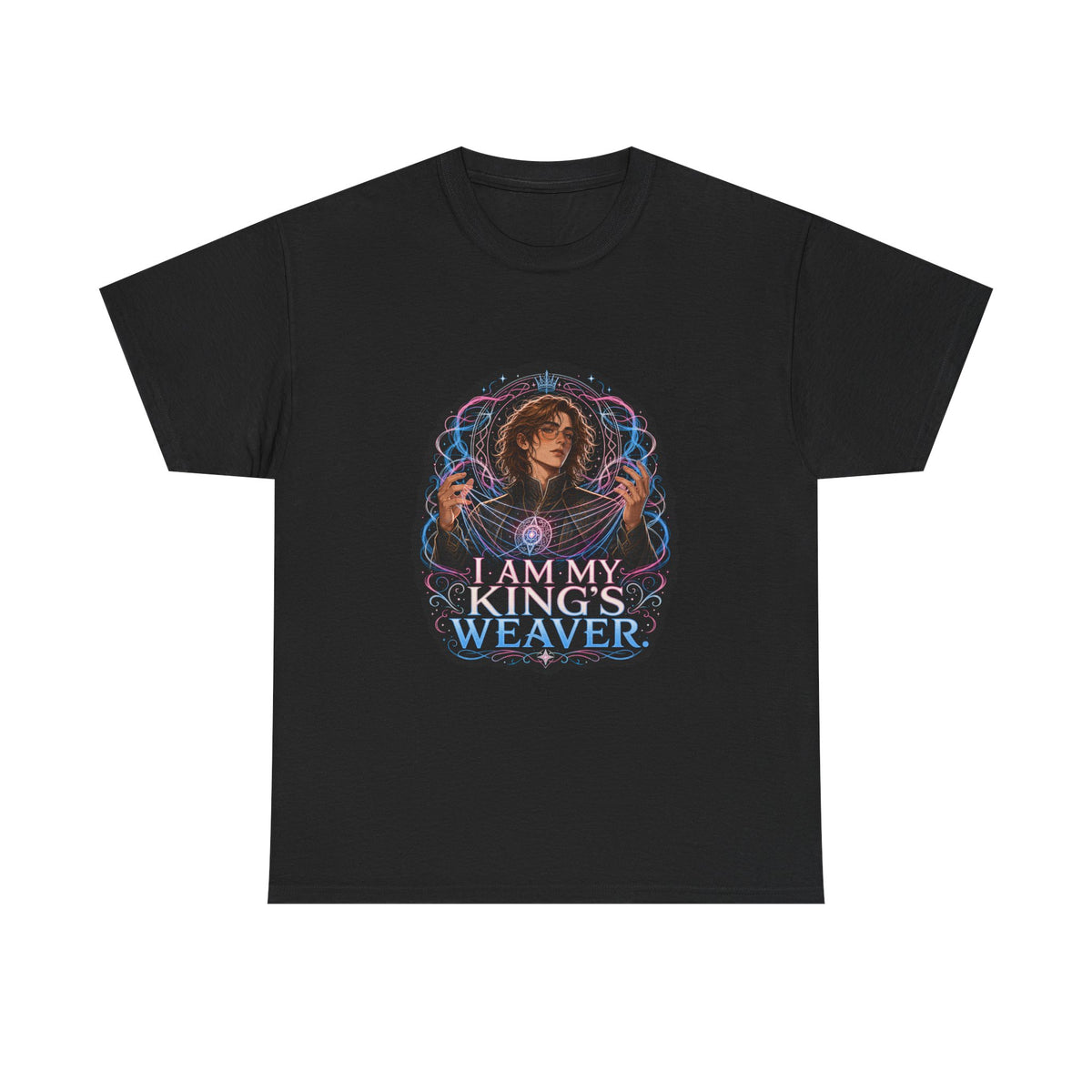 Black unisex t-shirt with fantasy art of a person with wavy brown hair in a high-collared black coat, hands weaving glowing pink and blue magic, and the quote "I am my king's weaver."