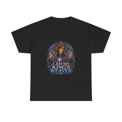 Black unisex t-shirt with fantasy art of a person with wavy brown hair in a high-collared black coat, hands weaving glowing pink and blue magic, and the quote "I am my king's weaver."