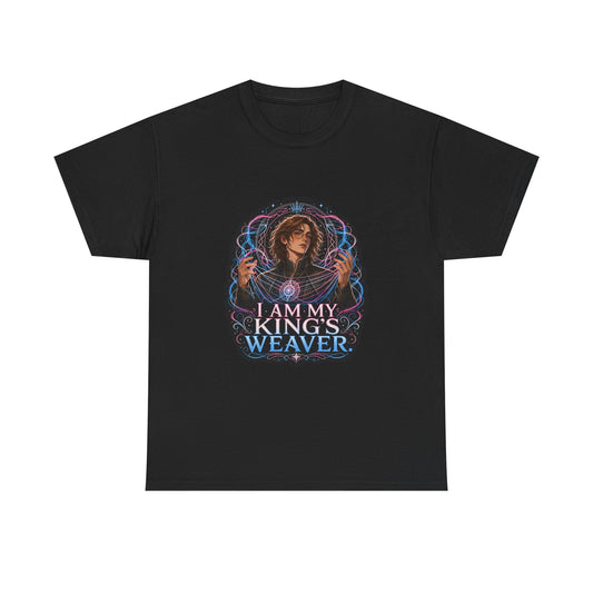 Black unisex t-shirt with fantasy art of a person with wavy brown hair in a high-collared black coat, hands weaving glowing pink and blue magic, and the quote "I am my king's weaver."