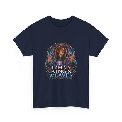 Navy unisex t-shirt with fantasy art of a person with wavy brown hair in a high-collared black coat, hands weaving glowing pink and blue magic, and the quote "I am my king's weaver," shown flat.