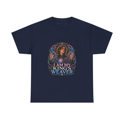 Navy unisex t-shirt with fantasy art of a person with wavy brown hair in a high-collared black coat, hands weaving glowing pink and blue magic, and the quote "I am my king's weaver."