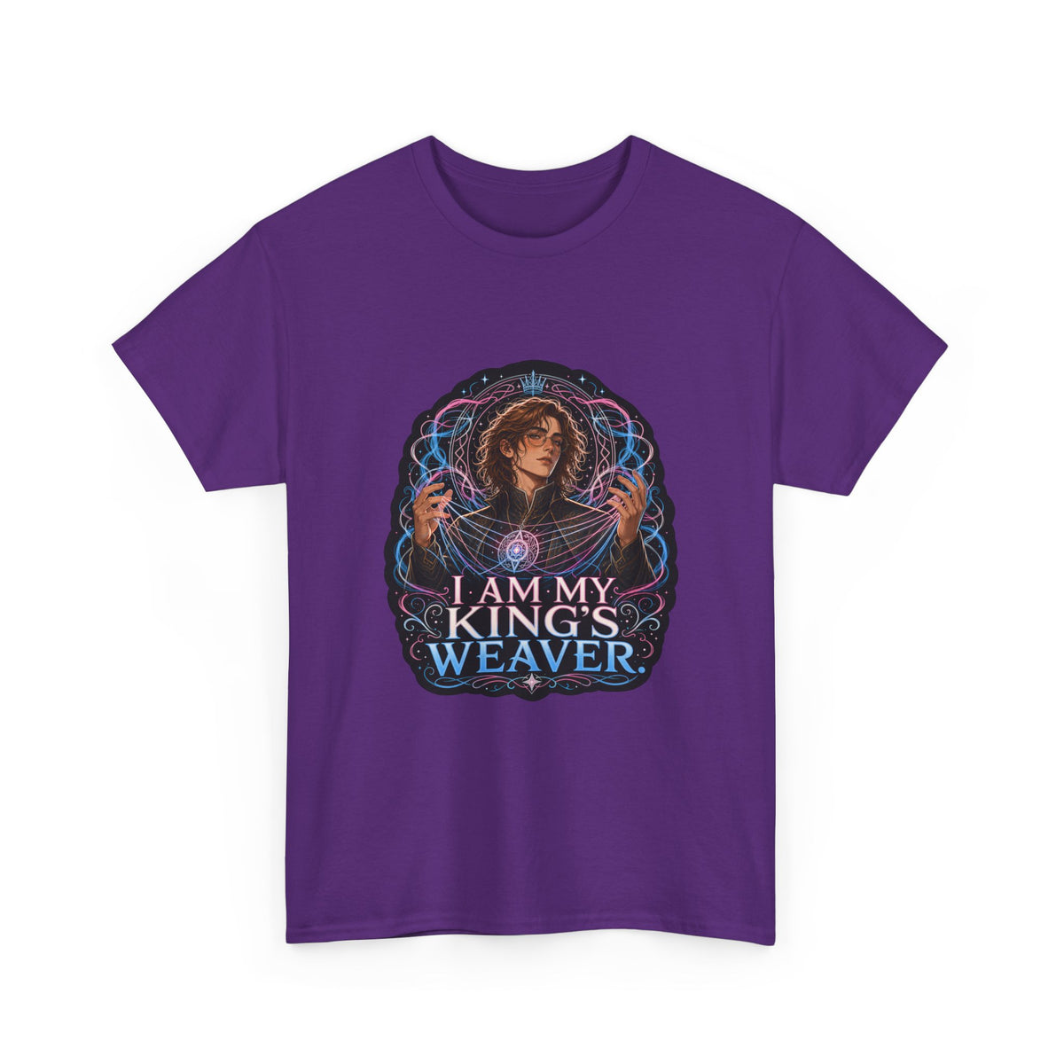 Purple unisex t-shirt with fantasy art of a person with wavy brown hair in a high-collared black coat, hands weaving glowing pink and blue magic, and the quote "I am my king's weaver," shown flat.