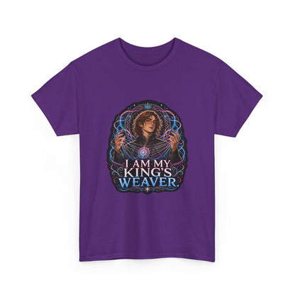Purple unisex t-shirt with fantasy art of a person with wavy brown hair in a high-collared black coat, hands weaving glowing pink and blue magic, and the quote "I am my king's weaver," shown flat.