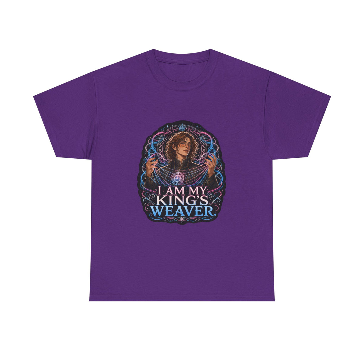 Purple unisex t-shirt with fantasy art of a person with wavy brown hair in a high-collared black coat, hands weaving glowing pink and blue magic, and the quote "I am my king's weaver."