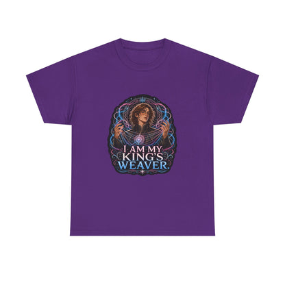 Purple unisex t-shirt with fantasy art of a person with wavy brown hair in a high-collared black coat, hands weaving glowing pink and blue magic, and the quote "I am my king's weaver."