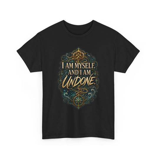 Black unisex t-shirt with a gold Celtic knot and compass motif framed by teal filigree and stars, and the quote "I am myself. And I am undone."