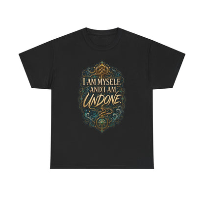 Black unisex t-shirt with a gold Celtic knot and compass motif framed by teal filigree and stars, and the quote "I am myself. And I am undone," front view.