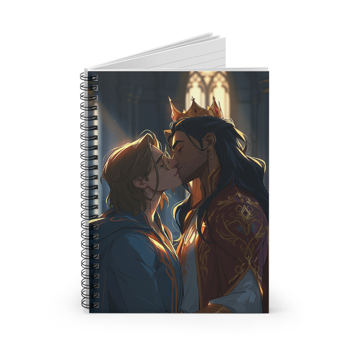 Angled front view of the same spiral notebook, wire binding visible, cover art of the crowned man and his light-haired partner kissing beneath a stained-glass window.