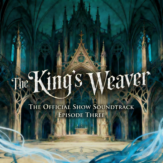 Album cover for "The King's Weaver: The Official Show Soundtrack, Episode Three," featuring a painted teal-toned Gothic cathedral interior with soaring arches and glowing blue magical light swirling across the floor.