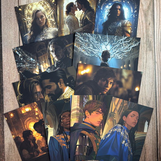 Set of twelve illustrated fantasy character art cards included in The King's Weaver swag pack by Novae Caelum, spread on a wood surface, showing couples embracing and portraits of dark-haired men in warm golden lighting.