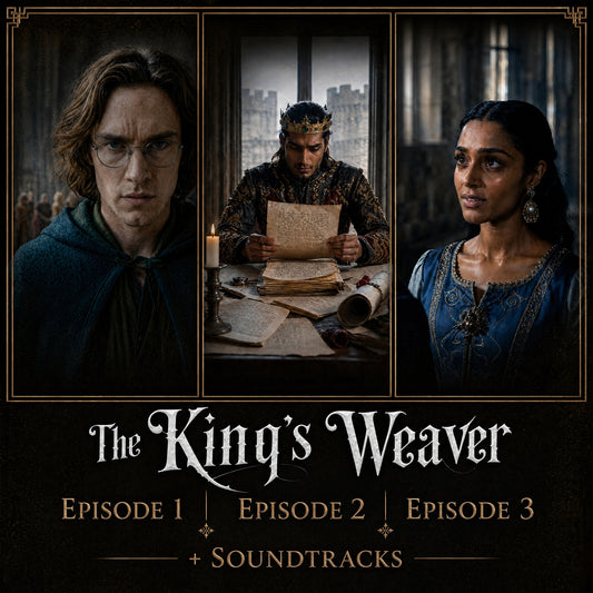 Promotional collage for The King's Weaver Show Episodes 1-3 + Soundtracks Bundle: three cast portraits — a pale man with glasses and a green cloak, a crowned man reading letters by candlelight, and a South Asian woman in a blue embroidered gown — above the title and episode list.