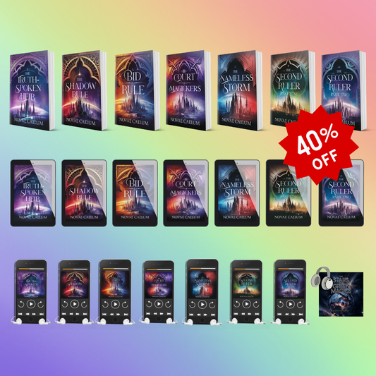 Collage of the Mega Green Magics Bundle: seven Stars and Green Magics paperbacks and matching ebook covers on tablets, plus seven audiobook covers on phone players, with a 40% off starburst sticker.