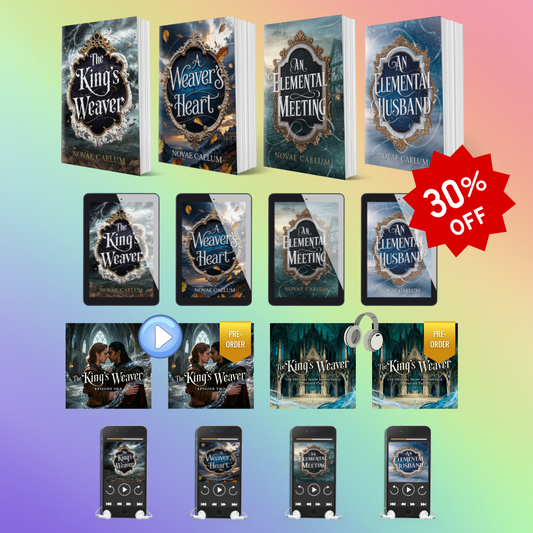 Collage of the Mega The King's Weaver Bundle: four King's Weaver paperbacks and matching ebook and audiobook covers, plus show Episode One and Two covers marked 'Pre-Order' and two soundtrack covers, with a 30% off starburst sticker.