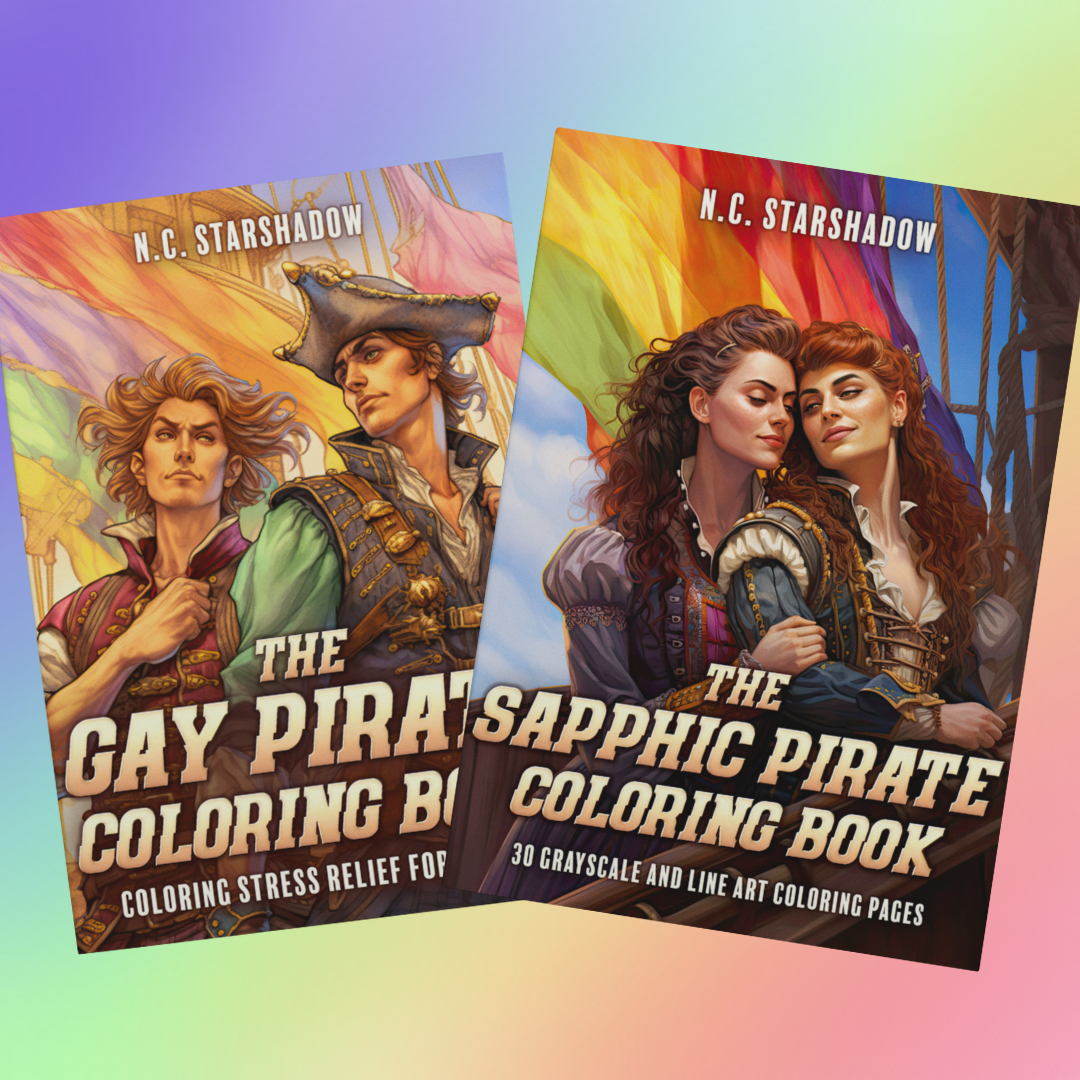 Rainbow Pirate Coloring Book Bundle cover collage by N.C. Starshadow: The Gay Pirate Coloring Book, showing two gay pirates in front of Pride flags, overlapping The Sapphic Pirate Coloring Book, showing two sapphic pirates embracing aboard a ship with a Pride flag behind them.