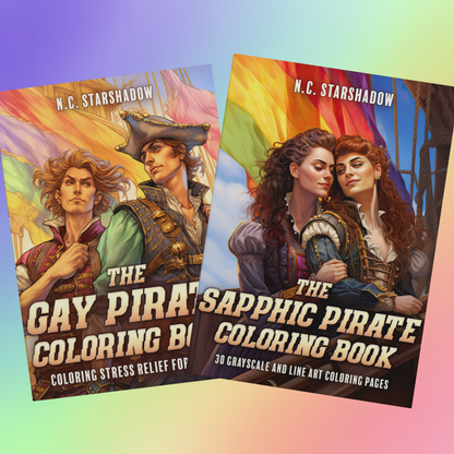 Rainbow Pirate Coloring Book Bundle cover collage by N.C. Starshadow: The Gay Pirate Coloring Book, showing two gay pirates in front of Pride flags, overlapping The Sapphic Pirate Coloring Book, showing two sapphic pirates embracing aboard a ship with a Pride flag behind them.