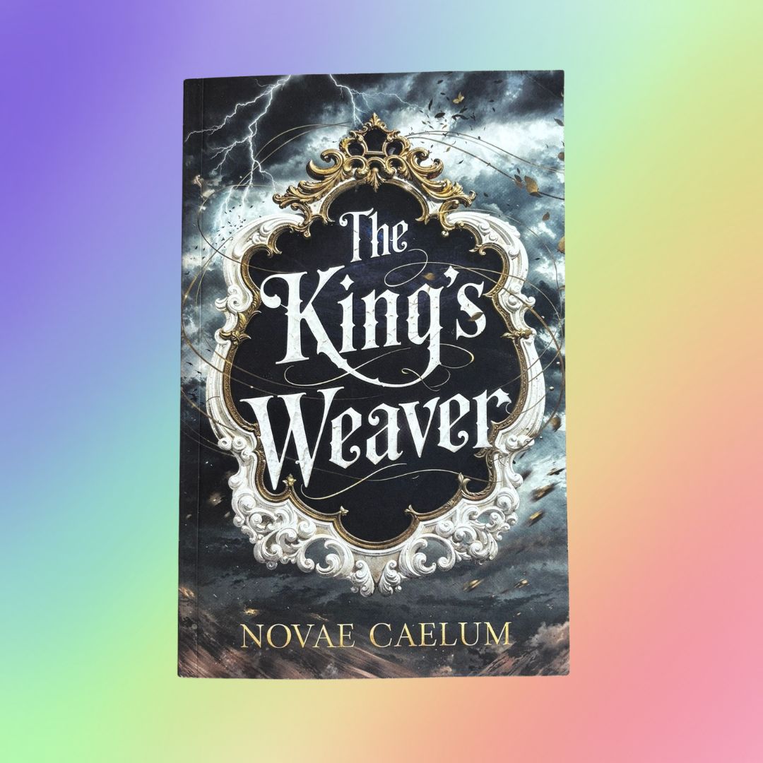 Book cover of "The King's Weaver" by Novae Caelum, featuring an ornate gold-and-white scrollwork frame with lightning through a stormy night sky, title in white lettering, set on a pastel rainbow gradient background.