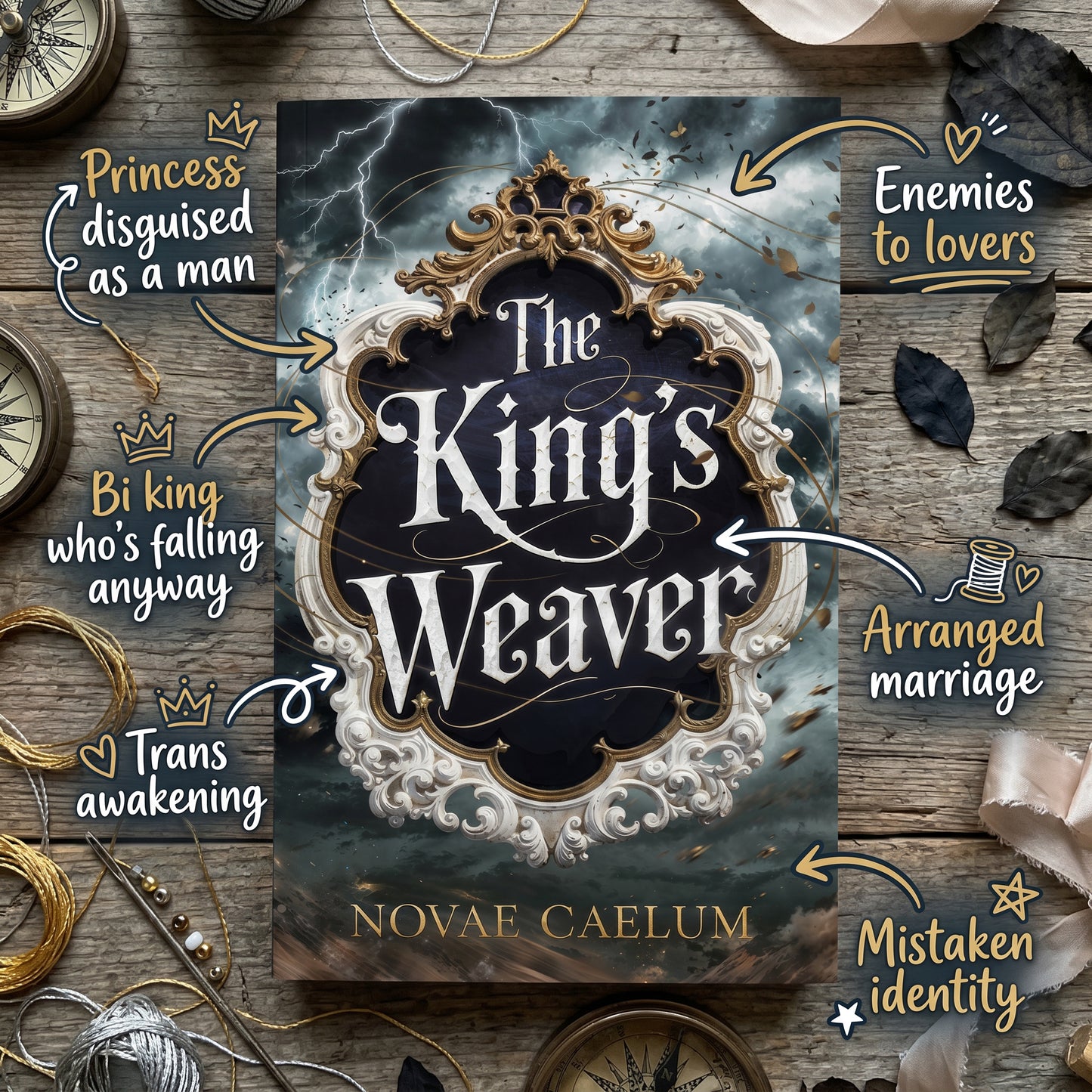 "The King's Weaver" trope map graphic — the paperback shown on a wood desk with embroidery thread, compasses, and ribbon.