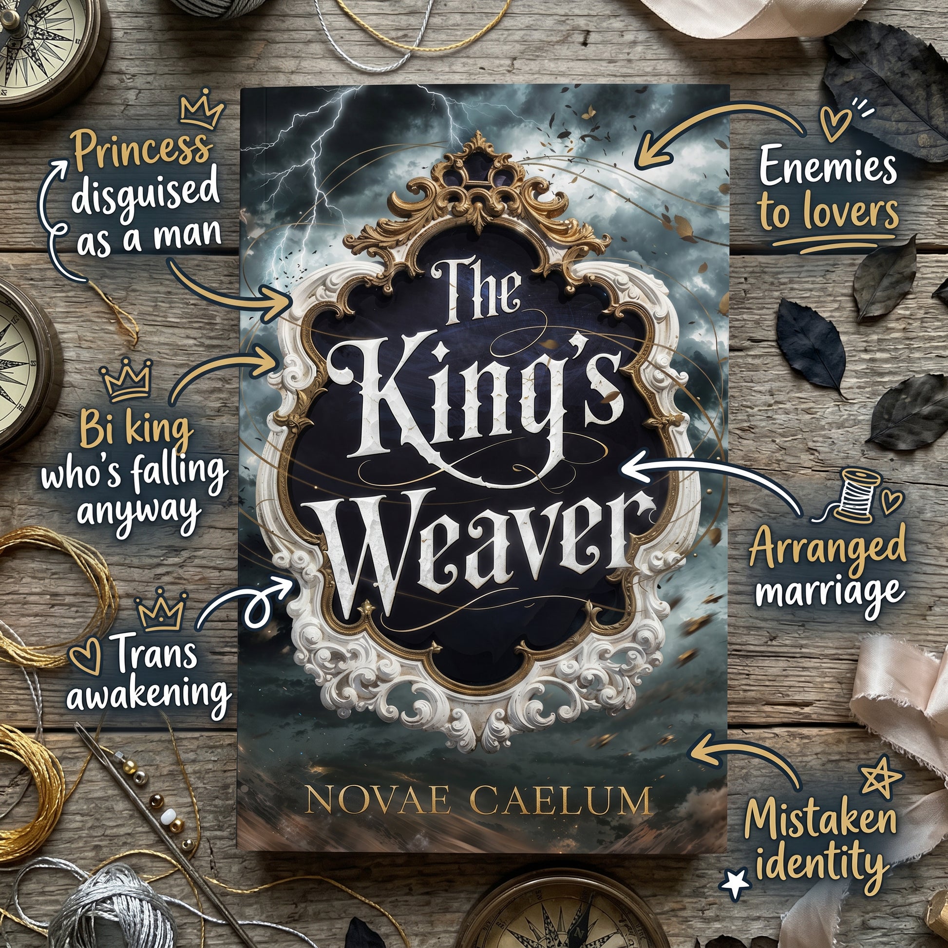 "The King's Weaver" trope map graphic — the paperback shown on a wood desk with embroidery thread, compasses, and ribbon.