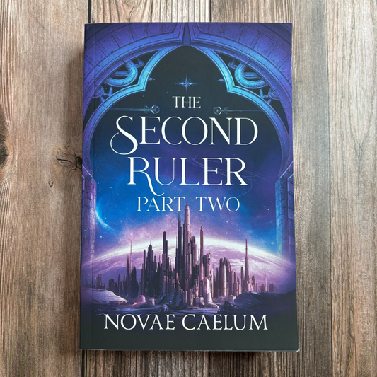 Book cover of "The Second Ruler Part Two: The Stars and Green Magics Book 7" by Novae Caelum, featuring a stone archway with teal accents above a starry sky and a purple-lit futuristic city skyline on a curved horizon, paperback on wood.