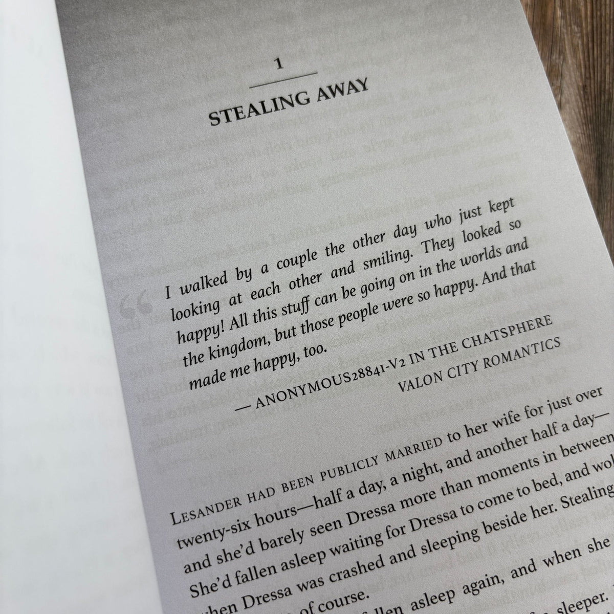 Open page preview of "The Second Ruler Part Two: The Stars and Green Magics Book 7" by Novae Caelum, showing Chapter 1, "Stealing Away," with an opening epigraph quote from Valon City Romantics (Chapter 1 Book Paperback).