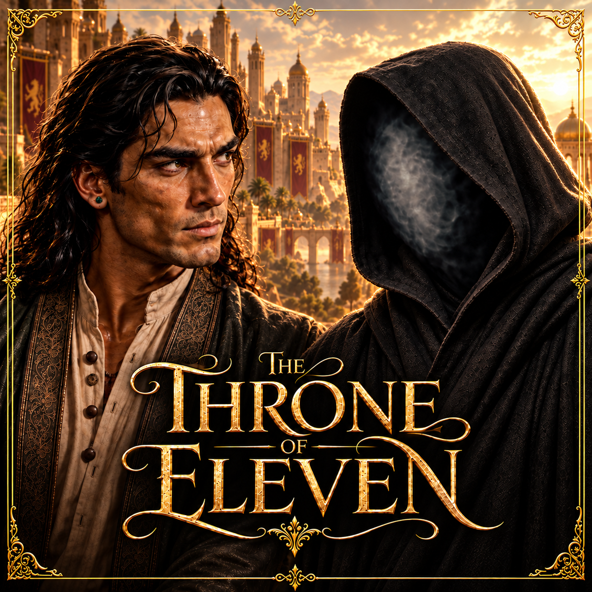 The Throne of Eleven: Raen faces a mysterious hooded Eleven against a golden desert city.