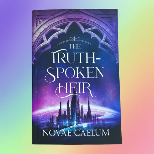 Book cover of "The Truthspoken Heir: The Stars and Green Magics Book 1" by Novae Caelum in paperback, a carved stone arch over a glowing spired city on a planet's curve, set against a pastel rainbow gradient background.