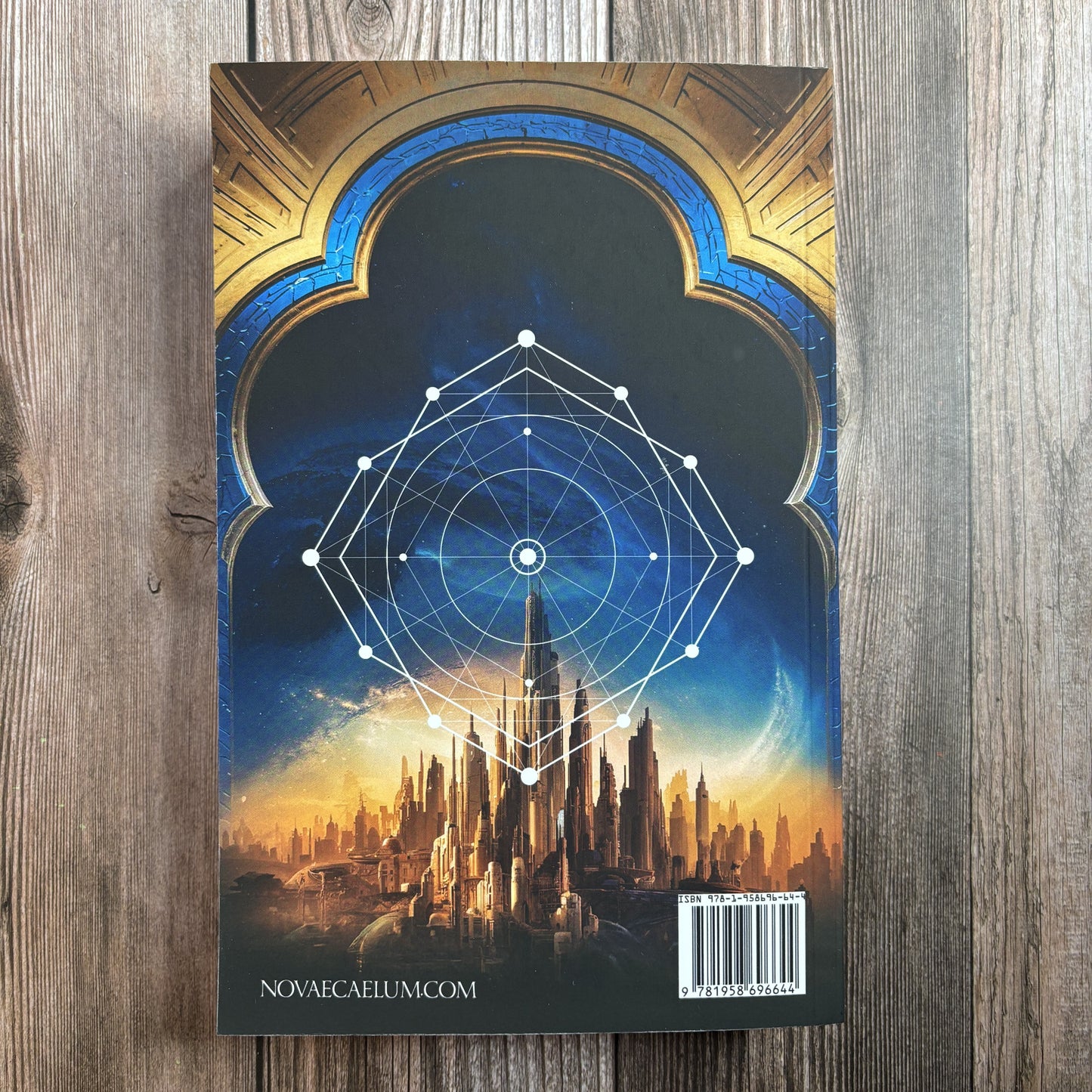 Back cover of "The Second Ruler: Part Three" paperback by Novae Caelum, showing a white geometric constellation diagram over the spired city, with novaecaelum.com and the ISBN barcode at the bottom.