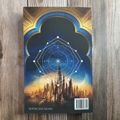 Back cover of "The Second Ruler: Part Three" paperback by Novae Caelum, showing a white geometric constellation diagram over the spired city, with novaecaelum.com and the ISBN barcode at the bottom.