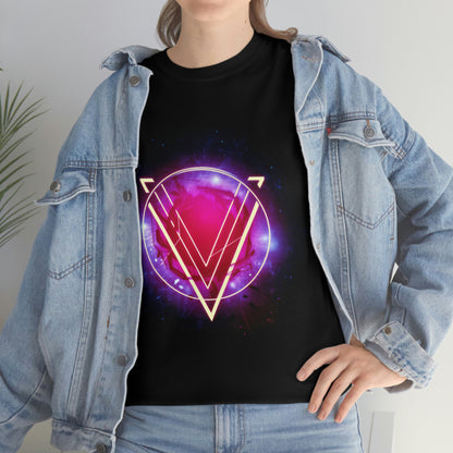 Mockup of a woman wearing a medium fabric denim jacket and black t-shirt; the t-shirt displays a pink and purple circle with a large V superimposed over it. The image is titled "The Rings of Vietor Band Logo".