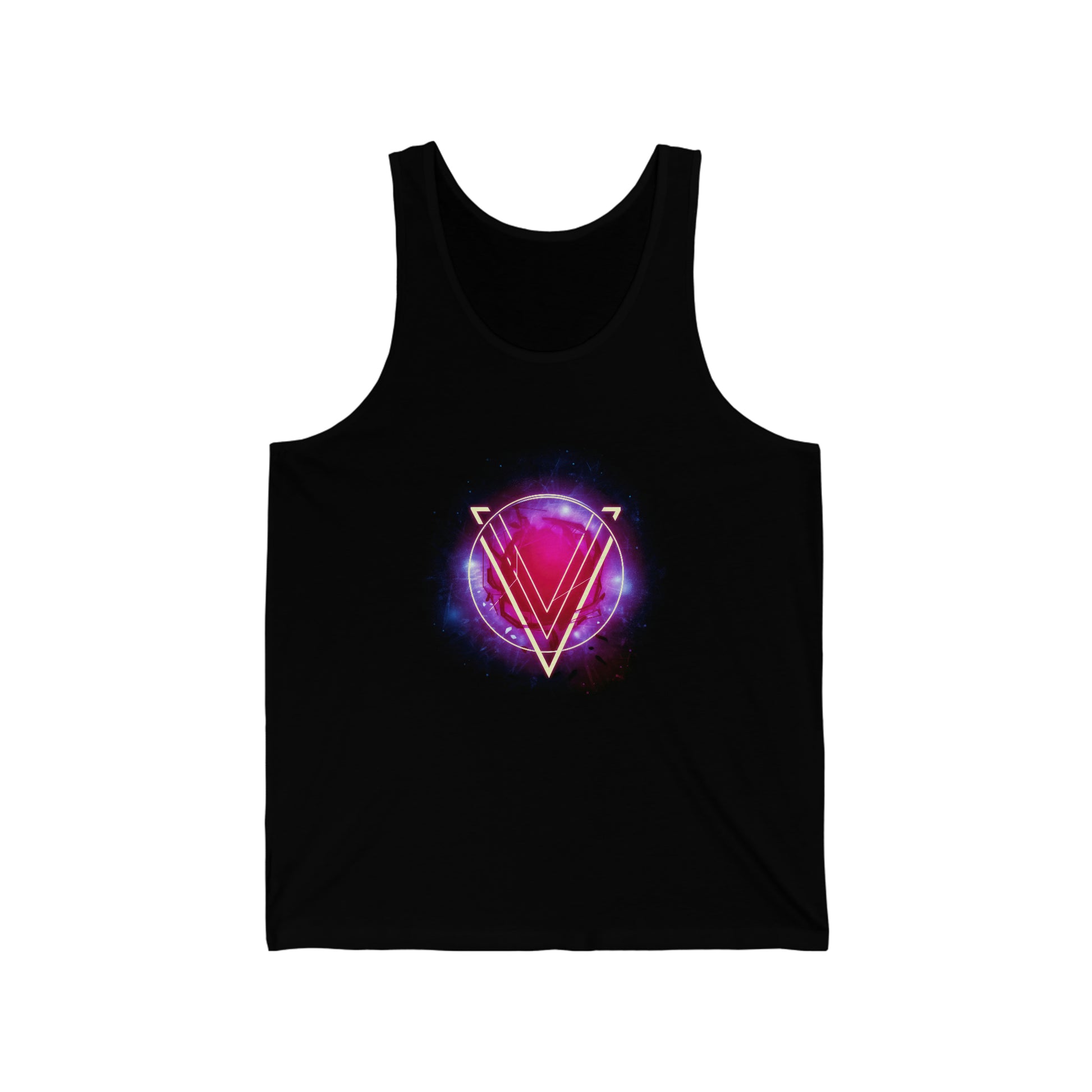 A black tank top displaying a pink and purple circle with a large V superimposed over it. The image is titled "The Rings of Vietor Band Logo".