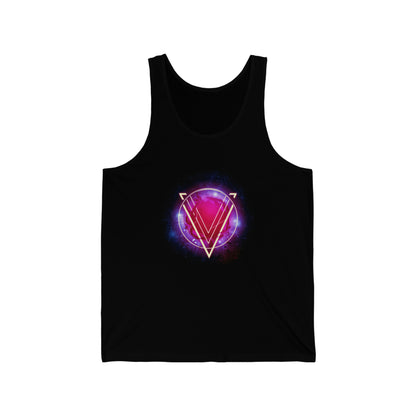 A black tank top displaying a pink and purple circle with a large V superimposed over it. The image is titled "The Rings of Vietor Band Logo".