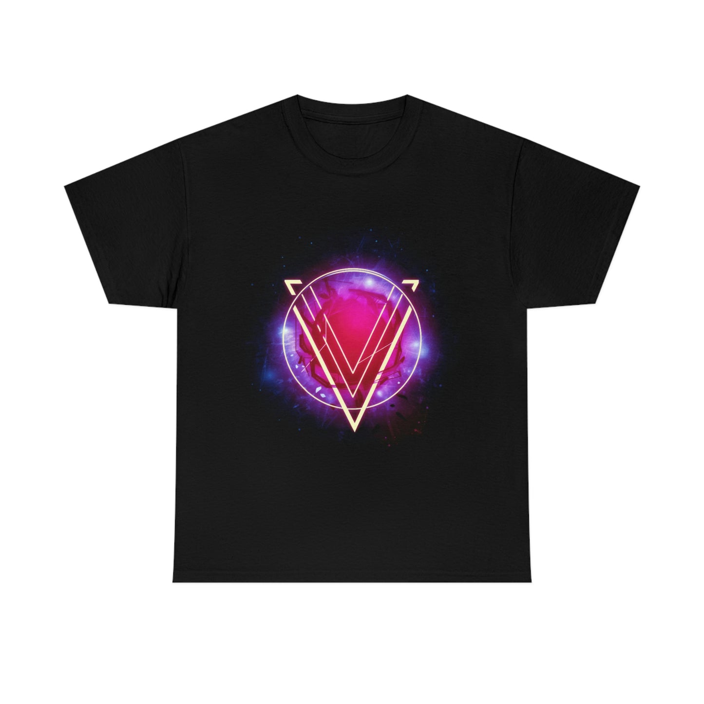 A black t-shirt displays a pink and purple circle with a large V superimposed over it. The image is titled "The Rings of Vietor Band Logo".