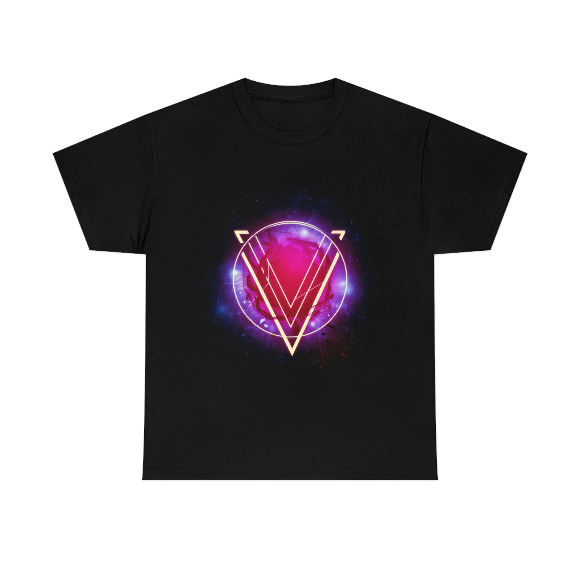 A black t-shirt displays a pink and purple circle with a large V superimposed over it. The image is titled "The Rings of Vietor Band Logo".