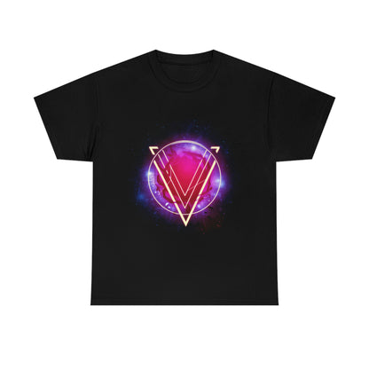 A black t-shirt displays a pink and purple circle with a large V superimposed over it. The image is titled "The Rings of Vietor Band Logo".